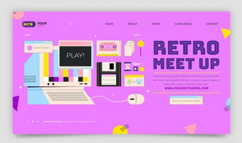retros számítógépes eszközök lila háttérrel a webdesign fejlődésének induló pontjához