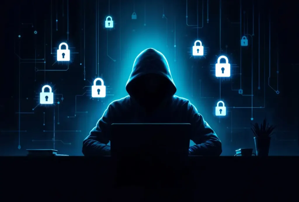 sötét kép egy hackerrel és lebegő lakatokkal ssl cikkhez webdesign oldalon